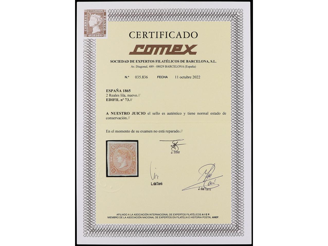 ESPAÑA. Ed. 73. 2 reales lila. PIEZA DE LUJO. Cert. COMEX.