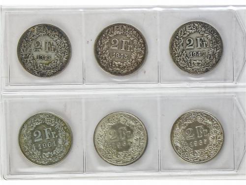 SUIZA. Lote 6 monedas 2 Francs. 1943 a 1965. AR. Helvetia. t
