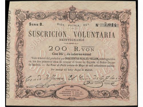 ANTIGUOS. Lote 2 billetes 200 Reales de Vellón. 30 Mayo 1870