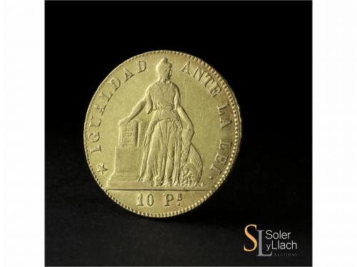 CHILE. 10 Pesos. 1853. SANTIAGO. 15,17 grs. AU. Fr-45; KM-12