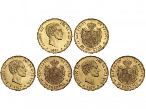 ALFONSO XII. Lote 3 monedas 25 Pesetas. 1876 (*18-76) D.E.-M