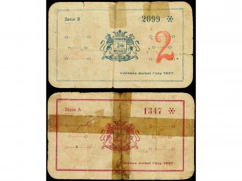 CATALUNYA. Lote 2 billetes 1 y 2 Rals. 21 Gener 1937. Aj. de