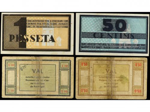 CATALUNYA. Lote 4 billetes 50 Cèntims (2) y 1 Pesseta (2). F