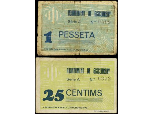 CATALUNYA. Lote 2 billetes 25 Cèntims y 1 Pesseta. 7 Maig 19