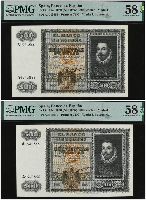 ESTADO ESPAÑOL. Lote 2 billetes 500 Pesetas. 9 Enero 1940. P
