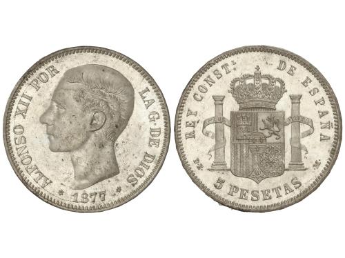 ALFONSO XII. 5 Pesetas. 1877 (*18-77). D.E.-M. (Manchitas). 