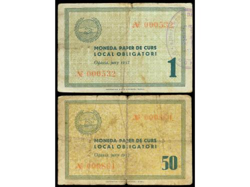 CATALUNYA. Lote 2 billetes 50 Cèntims y 1 Pesseta. C.M. d´ O