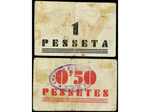 CATALUNYA. Lote 2 billetes 50 Cèntims y 1 Pesseta. C.M. de L