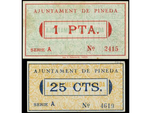 CATALUNYA. Lote 2 billetes 25 Cèntims y 1 Pesseta. 20 Noviem