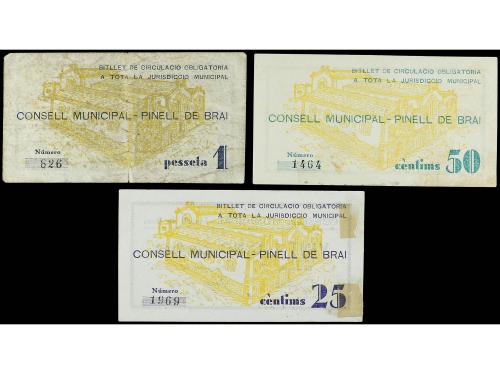 CATALUNYA. Lote 3 billetes  25, 50 Cèntims y 1 Pesseta. C.M.