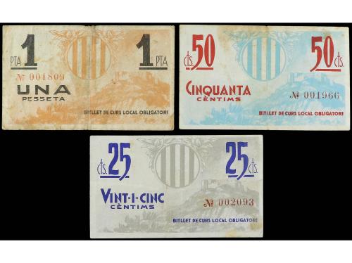 CATALUNYA. Lote 3 billetes 25, 50 Cèntims y 1 Pesseta. Aj. d