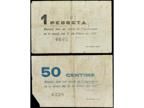 CATALUNYA. Lote 2 billetes 50 Cèntims y 1 Pesseta. Aj. d´ EL