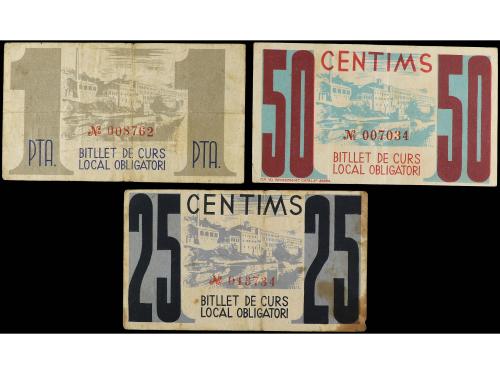 CATALUNYA. Lote 3 billetes 25, 50 Cèntims y 1 Pesseta. Aj. d