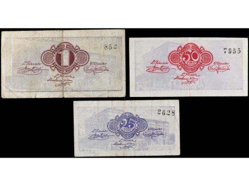 CATALUNYA. Serie 3 billetes 25, 50 Cèntims y Pesseta. C.M. d