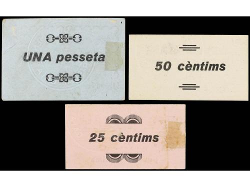 CATALUNYA. Lote 3 billetes 25, 50 Cèntims y 1 Pesseta. Aj. d