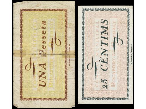 CATALUNYA. Lote 2 billetes 25 Cèntims y 1 Pesseta. C.M. de R