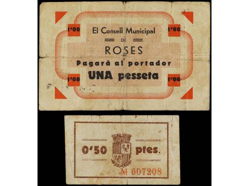 CATALUNYA. Lote 2 billetes 0,50 y 1 Pesseta. C.M. de ROSES. 