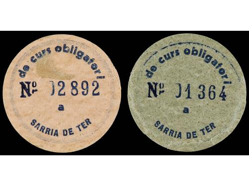 CATALUNYA. Lote 2 billetes 5 y 10 Cèntims. Aj. de SARRIÀ DE 