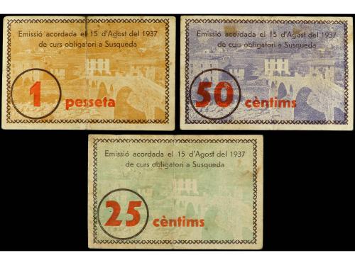 CATALUNYA. Lote 3 billetes 25, 50 Cèntims y 1 Pesseta. 15 Ag