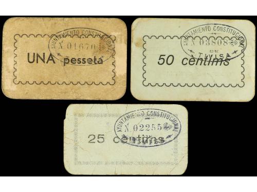 CATALUNYA. Lote 3 billetes 25, 50 Cèntims y 1 Pesseta. Any 1