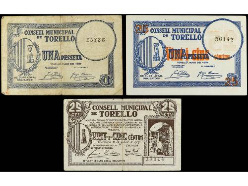 CATALUNYA. Lote 3 billetes 25 Cèntims (2) y 1 Pesseta. Maig 