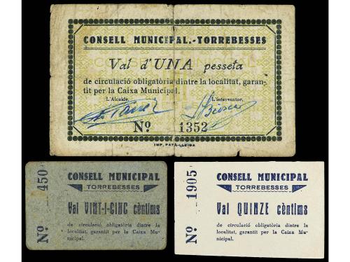 CATALUNYA. Lote 3 billetes 15, 25 Cèntims y 1 Pesseta. C.M. 