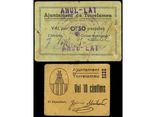 CATALUNYA. Lote 5 billetes 10, 25, 50 Cèntims (2) y 1 Pesset