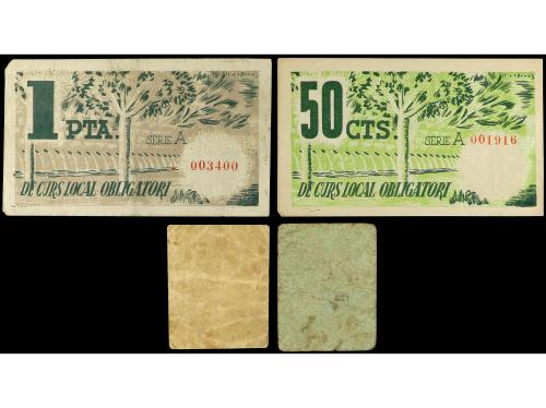 CATALUNYA. Lote 4 billetes 50 Cèntims (2) y 1 Pesseta (2). J