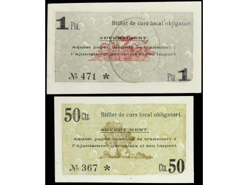 CATALUNYA. Lote 2 billetes 50 Cèntims y 1 Pesseta. C.M. d´ U