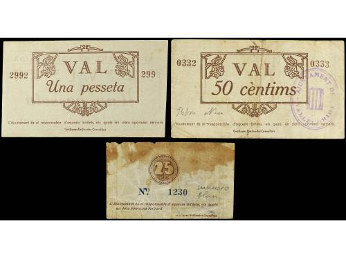 CATALUNYA. Lote 3 billetes 25, 50 Cèntims y 1 Pesseta. Maig 