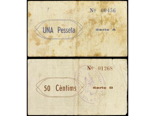 CATALUNYA. Lote 2 billetes 50 Cèntims y 1 Pesseta. 20 Maig 1