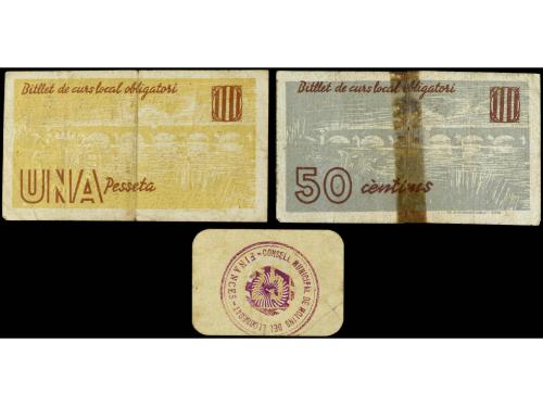 CATALUNYA. Lote 3 billetes 25, 50 Cèntims y 1 Pesseta. Juny 