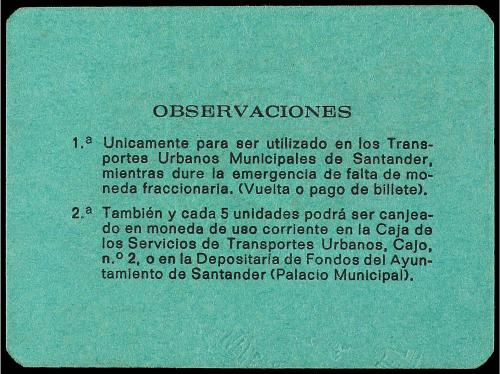 1 Peseta. SANTANDER. Servicio Municipal de Transportes Urban