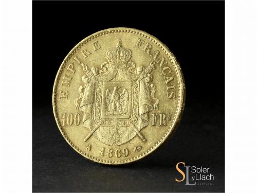 FRANCIA. 100 Francs. 1869-A. NAPOLEÓN III. PARÍS. 32,21 grs.