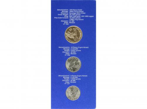 CHILE. Set 3 monedas 5, 10 y 100 Pesos. 1976. AU. 20,36 grs.