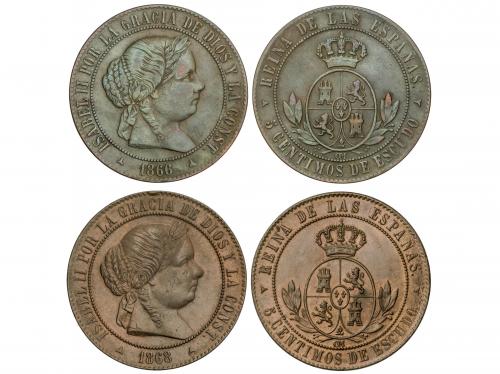 ISABEL II. Lote 2 monedas 5 Céntimos de Escudo. 1866, 1868.