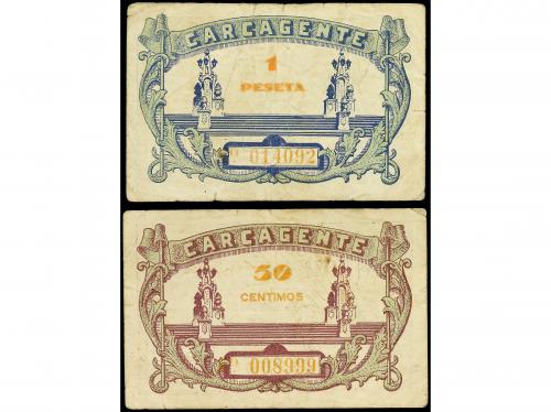 VALENCIA. Lote 2 billetes 50 Céntimos y 1 Peseta. Julio 1937