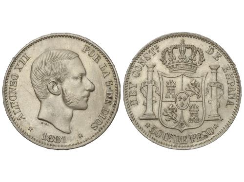 ALFONSO XII. 50 Centavos de Peso. 1881. MANILA. (Rayitas en 