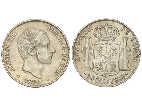 ALFONSO XII. 50 Centavos de Peso. 1884. MANILA. ESCASA. MBC.