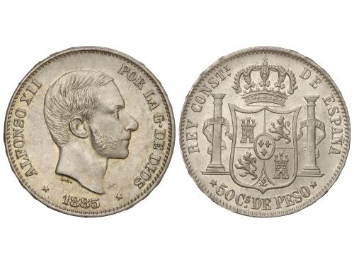 ALFONSO XII. 50 Centavos de Peso. 1885. MANILA. Brillo origi