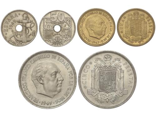 ESTADO ESPAÑOL. Lote 3 monedas 50 Céntimos, 1 y 5 Pesetas. 1