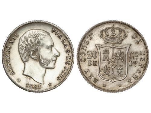 ALFONSO XII. 20 Centavos de Peso. 1883. MANILA. (Limpiada). 