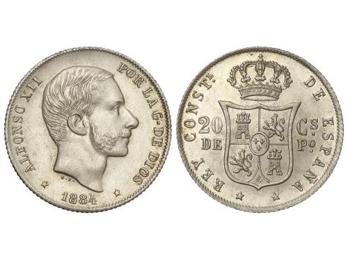 ALFONSO XII. 20 Centavos de Peso. 1884. MANILA. (Rayitas). R