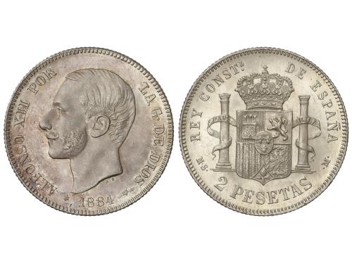 ALFONSO XII. 2 Pesetas. 1884 (*18-84). M.S.-M. Bonita pieza,