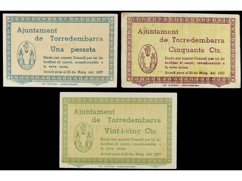 CATALUNYA. Lote 3 billetes 25, 50 Cèntims y 1 Pesseta. 20 Ma