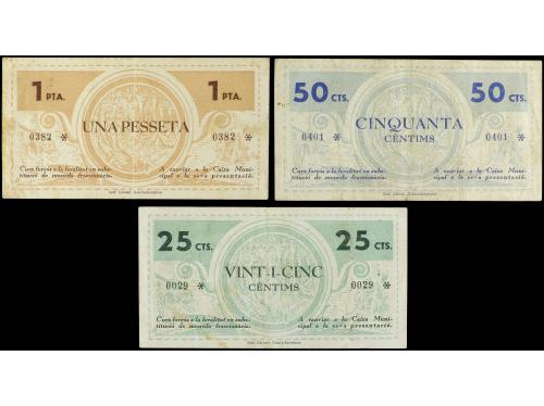 CATALUNYA. Lote 3 billetes 25, 50 Cèntims y 1 Pesseta. Juny 