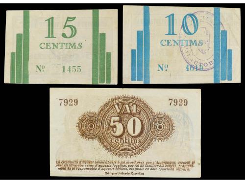 CATALUNYA. Lote 3 billetes 10, 15 y 50 Cèntims. Aj. de PALAU