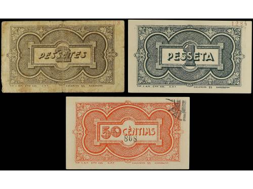 CATALUNYA. Lote 3 billetes 50 Cèntims 1 y 2 Pessetes. Aj. de