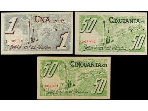 CATALUNYA. Lote 3 billetes 50 Cèntims (2) y 1 Pesseta. Maig 