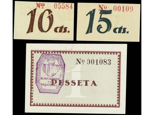 CATALUNYA. Lote 3 billetes 10 y 15 Cèntims y 1 Pesseta. Aj. 